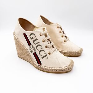 Gucci GG Logo Web Stripe Canvas Wedge Espadrille EU 39 US 9